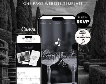 May include: A black and white wedding website one page template for Canva displayed on two smartphones. The screens show a countdown, a save the date photo, an itinerary, and the names Olivia and Kevin with musical note icons and RSVP text.