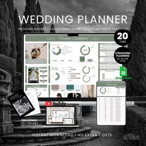 Könnte beinhalten: Ein digitales Hochzeitsplaner-Dashboard auf einem Laptop-Bildschirm mit Budgetverfolgung, intelligentem Kalender und RSVP-Verwaltung. Die Benutzeroberfläche enthält Kreisdiagramme, Balkendiagramme und eine Gästelistenansicht mit 20 Registerkarten.