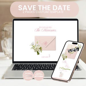 Könnte beinhalten: Ein Laptop und ein Smartphone, die eine Vorlage für eine Hochzeitseinladung anzeigen. Der Laptop-Bildschirm zeigt einen rosa Umschlag mit floralen Akzenten und dem Text "The Harrisons". Das Smartphone zeigt ein ähnliches Design mit den Namen "Bea & Conrad". Der Text oben lautet "SAVE THE DATE."