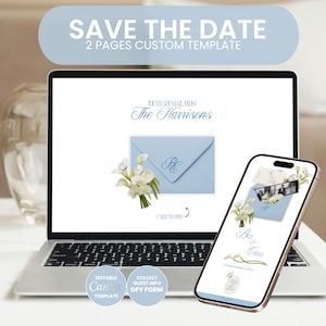 Könnte beinhalten: Ein Laptop und ein Smartphone zeigen ein Hochzeitskarten-Design. Der Laptop-Bildschirm zeigt einen hellblauen Umschlag mit floralen Akzenten und dem Text "The Harrisons". Das Smartphone zeigt ein ähnliches Design mit den Namen "Bill & Conrad" und "Save the Date."