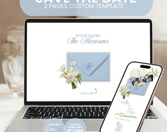 Coastal blue save the date website editable canva template floral rsvp online wedding invitation italian envelope digital diy wedding E030