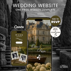 Könnte beinhalten: Eine digitale Hochzeits-Website-Vorlage für Canva, dargestellt auf zwei Smartphones. Das Design zeigt ein klassisches Anwesen, ein Boot auf dem Wasser und die Namen Olivia & Kevin. Der Text umfasst Wedding Website, One Page Website Template, Built In RSVP, With Music & Countdown, Save The Date und Add To Calendar.