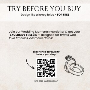 May include: An advertisement with the text "TRY BEFORE YOU BUY" and "Design like a luxury bride - FOR FREE". It also includes a QR code, an illustration of wedding rings, and the text "Join our Wedding Moments newsletter & get your EXCLUSIVE FREEBIE".