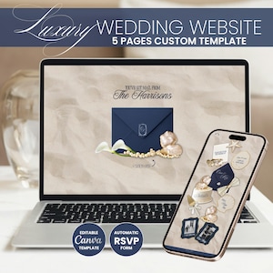 May include: A laptop and smartphone display a wedding website template. The laptop screen shows a navy blue envelope with text "The Harrisons." The smartphone displays wedding details. Text includes "Luxury Wedding Website" and "5 Pages Custom Template."
