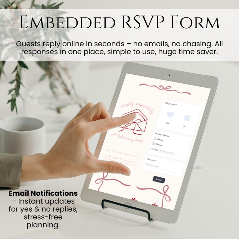 May include: A digital tablet displaying an RSVP form with a hand touching the screen. The form has a light background with red accents and the text "EMBEDDED RSVP FORM". The tablet is on a black stand.