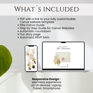 Pu&ograve; includere: Un laptop e uno smartphone mostrano un design di invito di nozze con elementi floreali. Il testo "WHAT'S INCLUDED" &egrave; in alto, con un elenco di funzionalit&agrave;. La frase "Responsive Design" &egrave; in basso, evidenziando la compatibilit&agrave; con vari dispositivi.