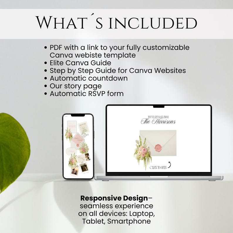 Pu&ograve; includere: Un laptop e uno smartphone mostrano un design di invito di nozze con elementi floreali. Il testo "WHAT'S INCLUDED" &egrave; in alto, con un elenco di funzionalit&agrave;. La frase "Responsive Design" &egrave; in basso, evidenziando la compatibilit&agrave; con vari dispositivi.