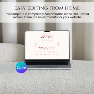 May include: A laptop displaying a wedding day timeline template. The screen shows a countdown and the words "Wedding Day timeline." The text "EASY EDITING FROM HOME" is at the top. A Canva logo is in the lower left corner.