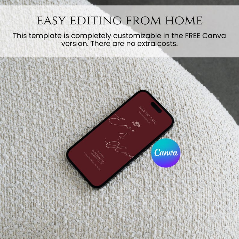May include: A smartphone displays a burgundy wedding invitation design with the names "Emma & Oliver" in elegant script. The phone rests on a textured, off-white surface. The Canva logo is visible.