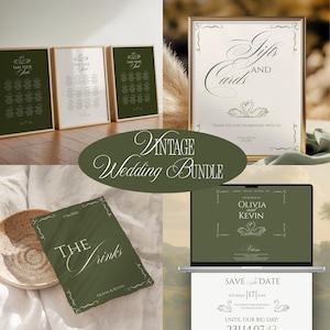 May include: A vintage wedding bundle featuring seating charts, a gifts and cards sign, a drinks menu, a laptop screen, and a save the date card. The designs are in shades of green and white, with elegant swan illustrations and decorative fonts.