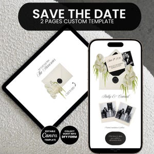 Può includere: Modello digitale di invito di nozze su tablet e smartphone. Il tablet mostra un invito con una busta e dei fiori. Lo smartphone mostra un design simile con foto e il testo "Save the Date".