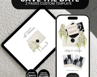 Ivory & Black Save the Date Website Template Digital Invitation Floral Envelope Canva Editable Instant Download Diy Invite Wedding Link E006