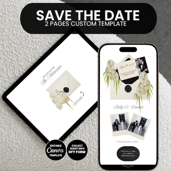 Ivory & Black Save the Date Website Template Digital Invitation Floral Envelope Canva Editable Instant Download Diy Invite Wedding Link E006