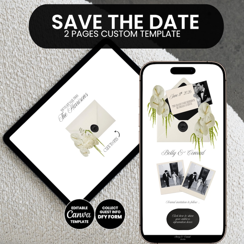 May include: A digital wedding invitation template on a tablet and smartphone. The tablet displays an invitation with an envelope and flowers. The smartphone shows a similar design with photos and text: "Save the Date".