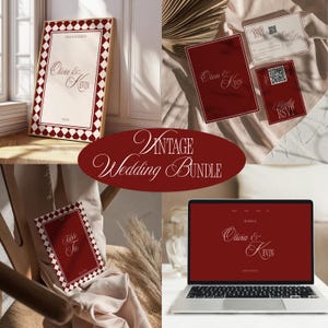 Könnte beinhalten: Ein Vintage-Hochzeits-Bundle mit einer gerahmten Einladung, RSVP-Karten, Tischkarten und einem Laptop-Mockup. Das Design verwendet Burgunder- und Cremefarben mit den Namen "Olivia & Kevin" in eleganter Schrift. Der Text "Vintage Wedding Bundle" befindet sich in einem Oval.