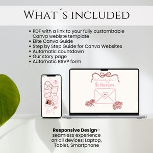 May include: A laptop and smartphone display a wedding invitation design. The laptop screen shows a pink envelope with roses and the text "Get ready for... the Harrisons." The smartphone displays invitation elements. Text reads "WHAT'S INCLUDED" and "Responsive Design".