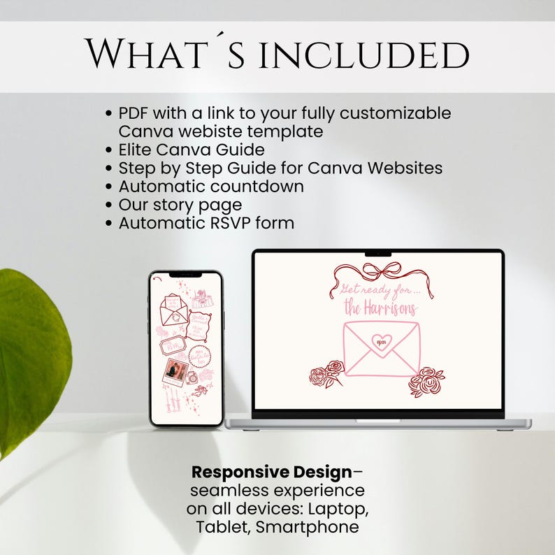 May include: A laptop and smartphone display a wedding invitation design. The laptop screen shows a pink envelope with roses and the text "Get ready for... the Harrisons." The smartphone displays invitation elements. Text reads "WHAT'S INCLUDED" and "Responsive Design".