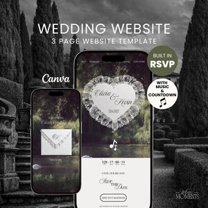 Könnte beinhalten: Eine digitale Hochzeits-Website-Vorlage für Canva, dargestellt auf zwei Smartphones. Die Bildschirme zeigen eine herzförmige Grafik mit den Namen Olivia & Kevin, dem Datum 17.06.2027, einem Umschlag-Symbol, einem Countdown und einem Kalender-Button.