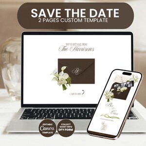 May include: A laptop and smartphone showcasing a wedding invitation template. The laptop screen displays a brown envelope design with a floral arrangement and the text "The Harrisons." The smartphone shows a similar design with the names "Bea & Conrad" and "Save the Date."