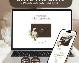 Save the Date Website Template Coffee Brown Chocolat Envelope Digital Polaroid DIY Wedding Invite Printable Canva Editable RSVP Floral E024