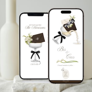 Könnte beinhalten: Zwei Smartphones zeigen Hochzeitskarten-Designs. Eines zeigt ein Champagnerglas mit schwarzer Schleife, einen braunen Umschlag und den Text "You've got mail from The Harrisons." Das andere sagt "Belly & Conrad" und "Formal invitation to follow."