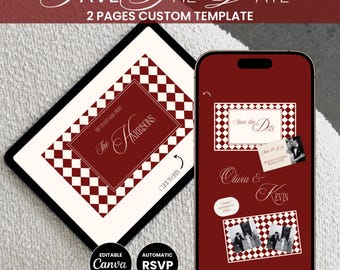 May include: A digital wedding invitation template displayed on a tablet and smartphone. The design features a burgundy and white checkered pattern with the text "Save the Date" and "The Harrisons". Includes "Editable Canva Template" and "Automatic RSVP Form" icons.