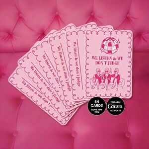Könnte beinhalten: Rosa Karten mit dem Text "We listen & we don't judge" und einer Discokugel-Illustration. Die Karten haben einen dekorativen Rand und eine Illustration von drei Figuren auf einem Sofa. Das Bild enthält auch den Text "64 Karten für dich" und "Bearbeitbare Canva-Vorlage".