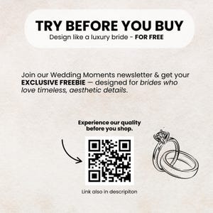 May include: An advertisement with the text "TRY BEFORE YOU BUY" and "Design like a luxury bride - FOR FREE." It also includes a QR code, a sketch of two wedding rings, and the text "Join our Wedding Moments newsletter & get your EXCLUSIVE FREEBIE - designed for brides who love timeless, aesthetic details."