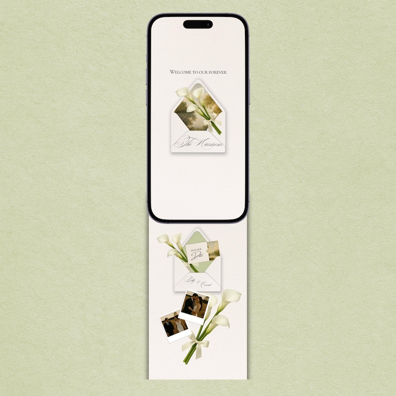 May include: A smartphone displays a wedding invitation design with the text "Welcome to our forever" and "The Harrisons." Below, a card with calla lilies and a photo are displayed. The design features a soft, neutral color palette.