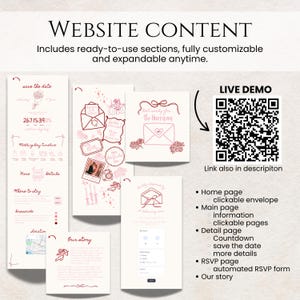 May include: A website content design with various sections, including a save the date, wedding day timeline, and RSVP page. The design features a QR code for a live demo and a list of features. The text includes "Website Content" and "Includes ready-to-use sections."