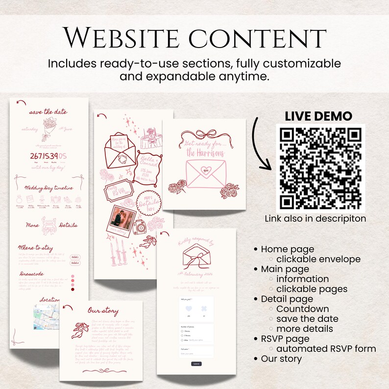 May include: A website content design with various sections, including a save the date, wedding day timeline, and RSVP page. The design features a QR code for a live demo and a list of features. The text includes "Website Content" and "Includes ready-to-use sections."