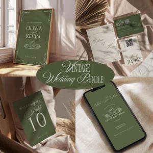 Könnte beinhalten: Vintage Hochzeits-Set mit olivgrünen und cremefarbenen Designs. Das Set beinhaltet ein Willkommensschild, Einladungen, RSVP-Karten und eine digitale Save-the-Date-Karte. Das Design umfasst Schwan-Illustrationen und den Text "Vintage Wedding Bundle".