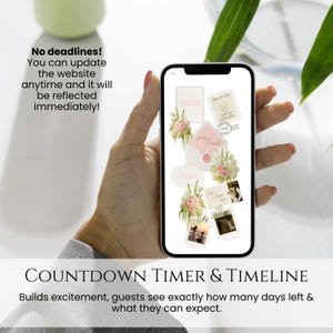 Pu&ograve; includere: Uno smartphone mostra un timer conto alla rovescia e una timeline di matrimonio. Lo schermo mostra composizioni floreali, foto e testo, tra cui "Details", "Belly & Conrad" e "Love". Il testo "No deadlines!" e "COUNTDOWN TIMER & TIMELINE" sono anche visibili.