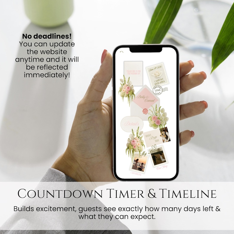 Pu&ograve; includere: Uno smartphone mostra un timer conto alla rovescia e una timeline di matrimonio. Lo schermo mostra composizioni floreali, foto e testo, tra cui "Details", "Belly & Conrad" e "Love". Il testo "No deadlines!" e "COUNTDOWN TIMER & TIMELINE" sono anche visibili.