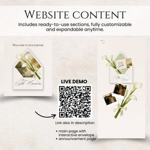 May include: A website content design with the text "WEBSITE CONTENT" and "Includes ready-to-use sections, fully customizable and expandable anytime." Features an interactive envelope design with calla lilies and the text "WELCOME TO OUR FOREVER".