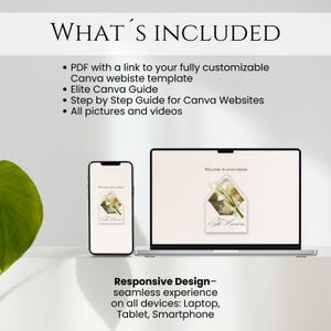 May include: A digital product display featuring a smartphone, laptop, and tablet. The screens display a wedding invitation design. Text includes "WHAT'S INCLUDED" and "Responsive Design". The background is a soft, neutral color.