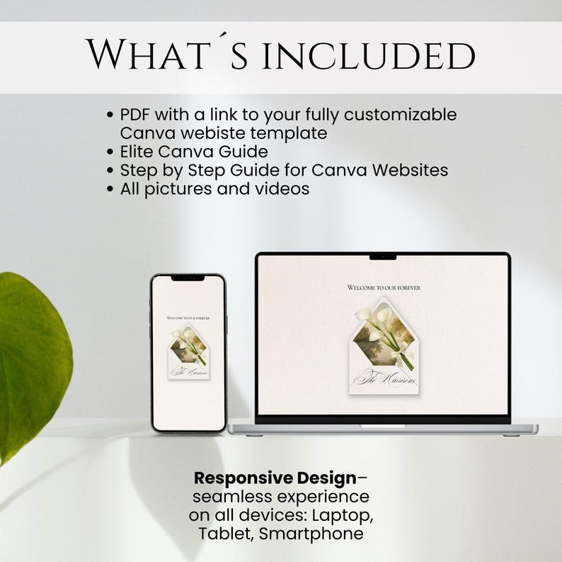 May include: A digital product display featuring a smartphone, laptop, and tablet. The screens display a wedding invitation design. Text includes "WHAT'S INCLUDED" and "Responsive Design". The background is a soft, neutral color.