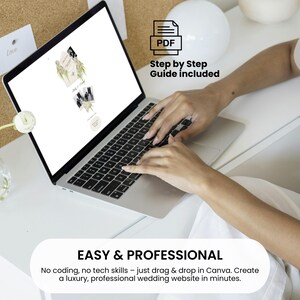May include: A laptop displaying a wedding website design with the text "Step by Step Guide included". The screen shows a design with floral elements and photos. The text "EASY & PROFESSIONAL" is displayed below the laptop, along with additional text.
