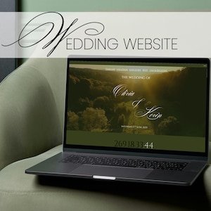 Może przedstawiać: Laptop wyświetlający projekt strony internetowej ślubnej. Ekran pokazuje obraz krajobrazu z imionami "Olivia & Kevin" i datą "Sobota 17 czerwca 2025". Tytuł strony internetowej "WEDDING WEBSITE" znajduje się na górze.