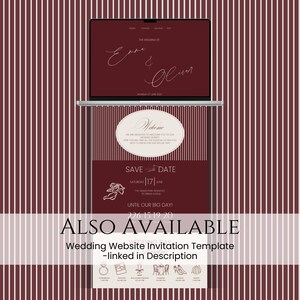 May include: A digital wedding invitation template displayed on a laptop and a printed card. The design features burgundy and white stripes, with text that reads "Emma & Oliver" and "Save the Date". The template is also available.