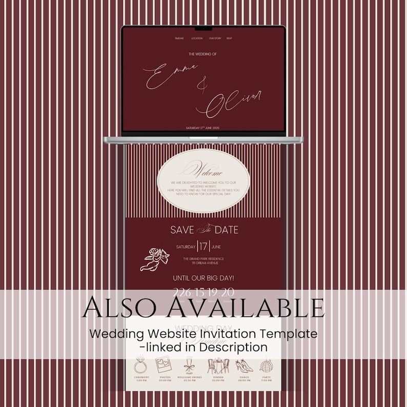 May include: A digital wedding invitation template displayed on a laptop and a printed card. The design features burgundy and white stripes, with text that reads "Emma & Oliver" and "Save the Date". The template is also available.