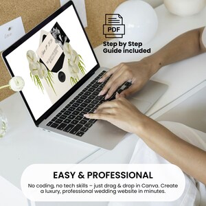 May include: A laptop displaying a wedding website design with floral accents. The screen shows an invitation design with the text "June 20, 2036". The image includes a "PDF Step by Step Guide included" icon and the text "EASY & PROFESSIONAL".
