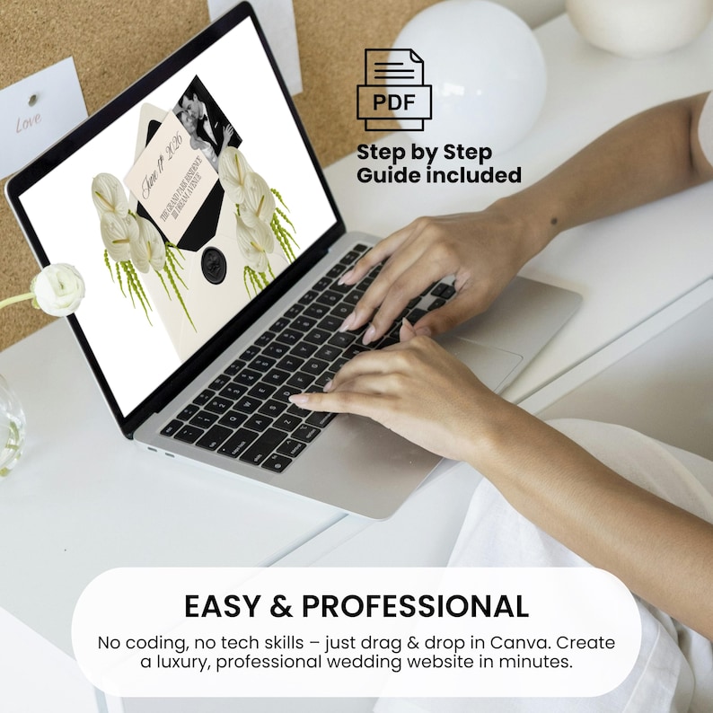 May include: A laptop displaying a wedding website design with floral accents. The screen shows an invitation design with the text "June 20, 2036". The image includes a "PDF Step by Step Guide included" icon and the text "EASY & PROFESSIONAL".