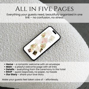 Pu&ograve; includere: Uno smartphone mostra un design di invito di nozze digitale con elementi floreali. L'invito include sezioni per home, main, dettagli, RSVP e la storia della coppia. Il testo "ALL IN FIVE PAGES" &egrave; visibile.