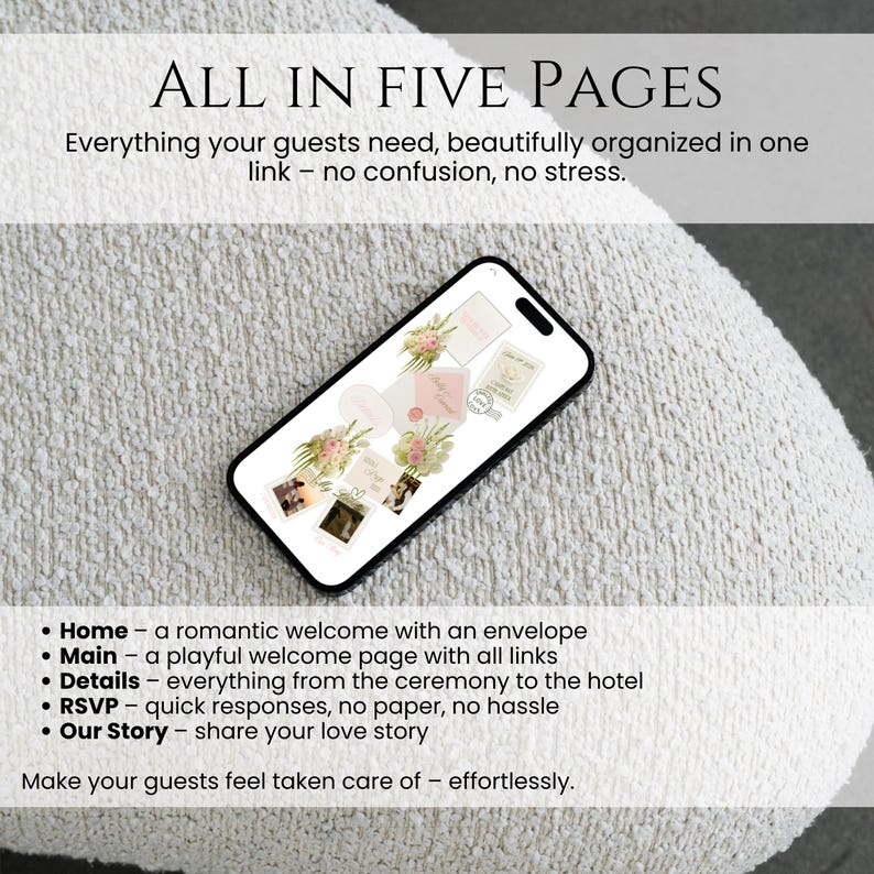 Pu&ograve; includere: Uno smartphone mostra un design di invito di nozze digitale con elementi floreali. L'invito include sezioni per home, main, dettagli, RSVP e la storia della coppia. Il testo "ALL IN FIVE PAGES" &egrave; visibile.