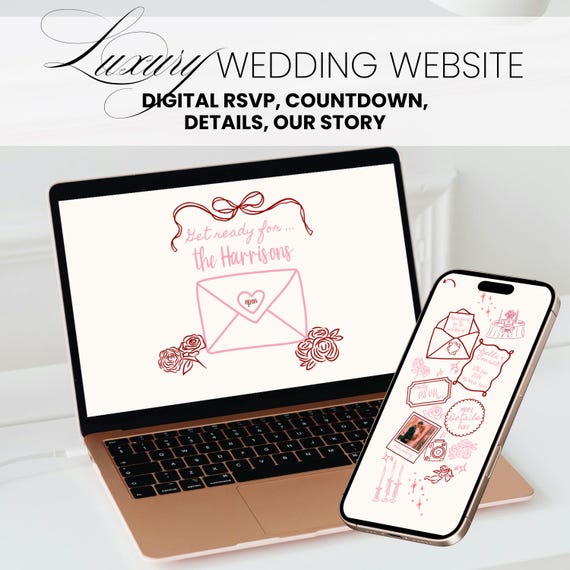 Messy Coquette Wedding Website Pink Floral Doodle RSVP hand drawn Invitation Editable Canva Instant Download Save the Date Template diy W016