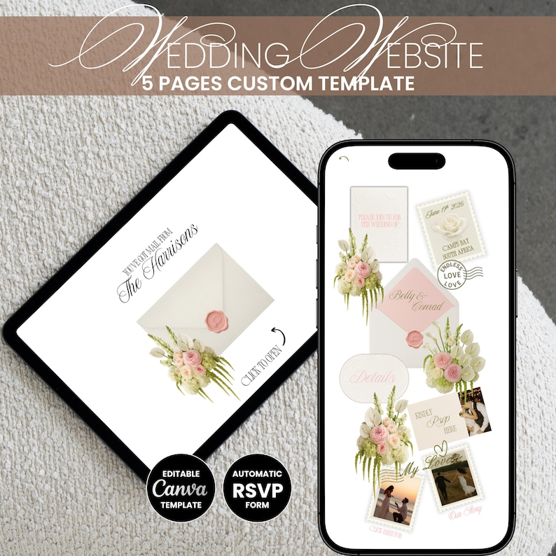 Pu&ograve; includere: Un modello di sito web di matrimonio digitale visualizzato su un tablet e uno smartphone. Il tablet mostra un design a busta con il testo "You've got mail from The Harrisons". Lo smartphone mostra i dettagli del matrimonio e il testo "Wedding Website."
