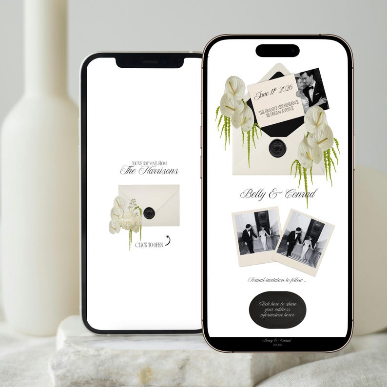 May include: Two smartphones displaying wedding invitation designs. One shows an envelope with a photo and text, the other a similar design. The text includes names, dates, and the phrase "Click to Open."