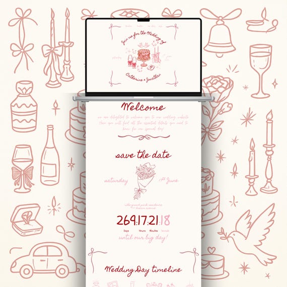 Messy Coquette Wedding Website Template Hand Drawn Whimsical Doodle Style Pink Floral Editable RSVP Countdown Digital Invitation diy W014