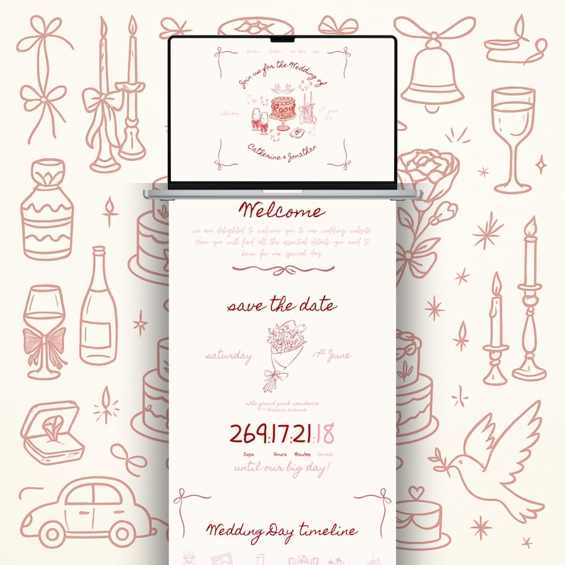 May include: A digital wedding invitation design displayed on a laptop screen, featuring a soft pink color scheme. The design includes illustrations of wedding-related items like cake, flowers, and a countdown timer. Text includes "Welcome" and "Save the Date."